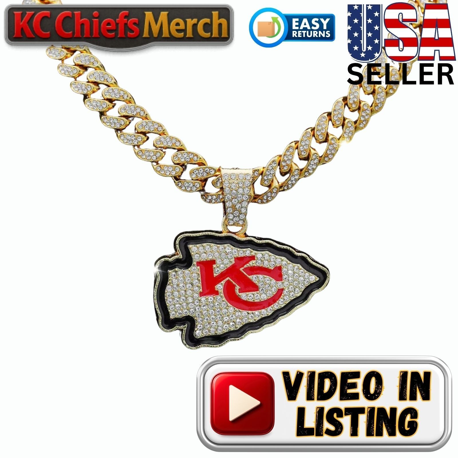 KC CHIEFS GOLD GEM BLING NECKLACE SPARKLING PENDANT + 20 ICED LINK CHAIN