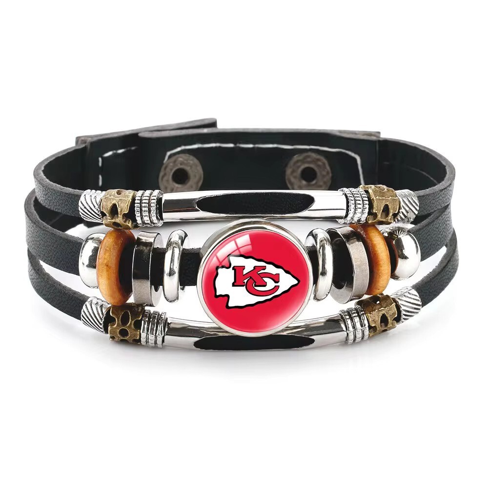 KC Chiefs Black Leather Adjustable Bracelet