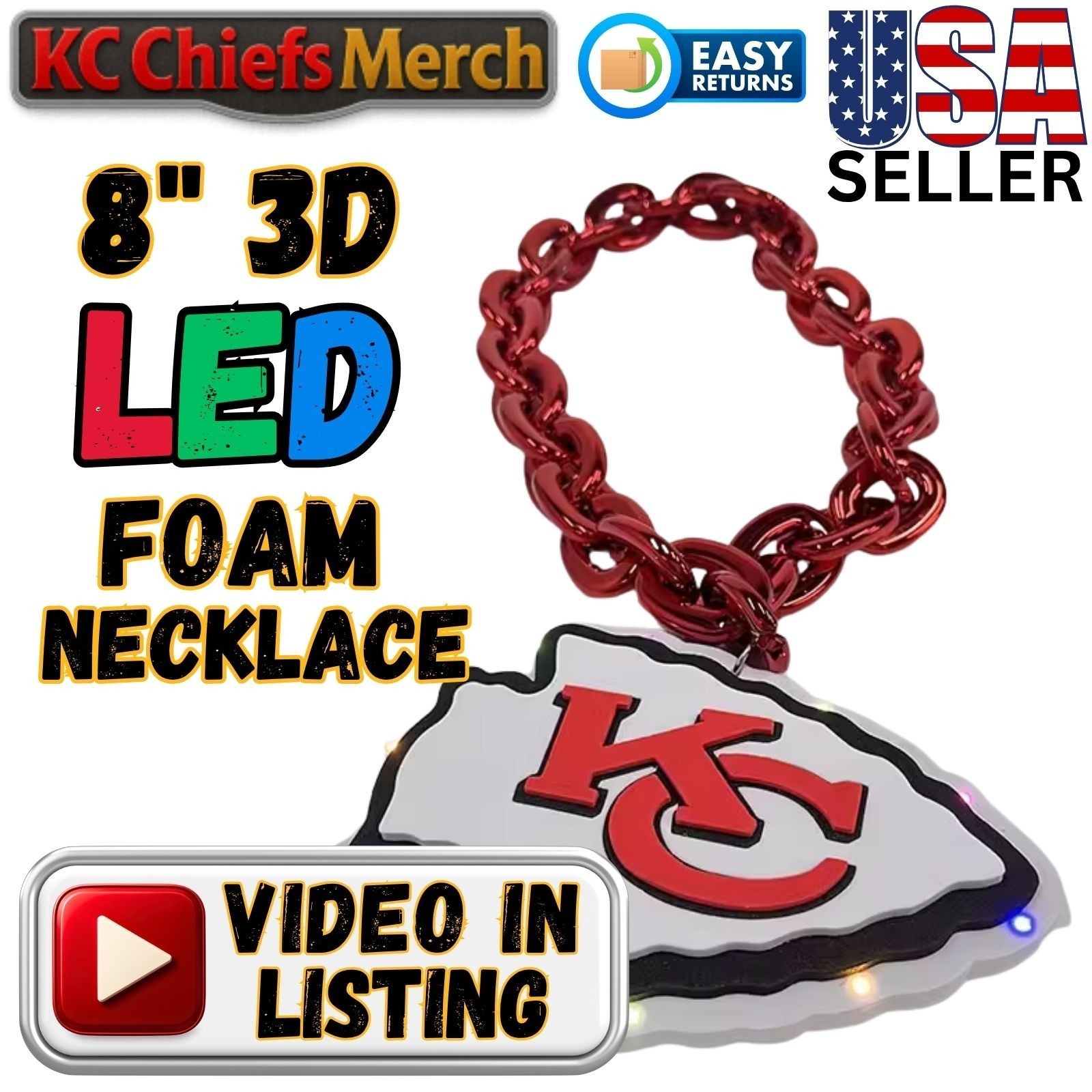 LED KC Chiefs NFL 3D Foam Fan Chain Necklace