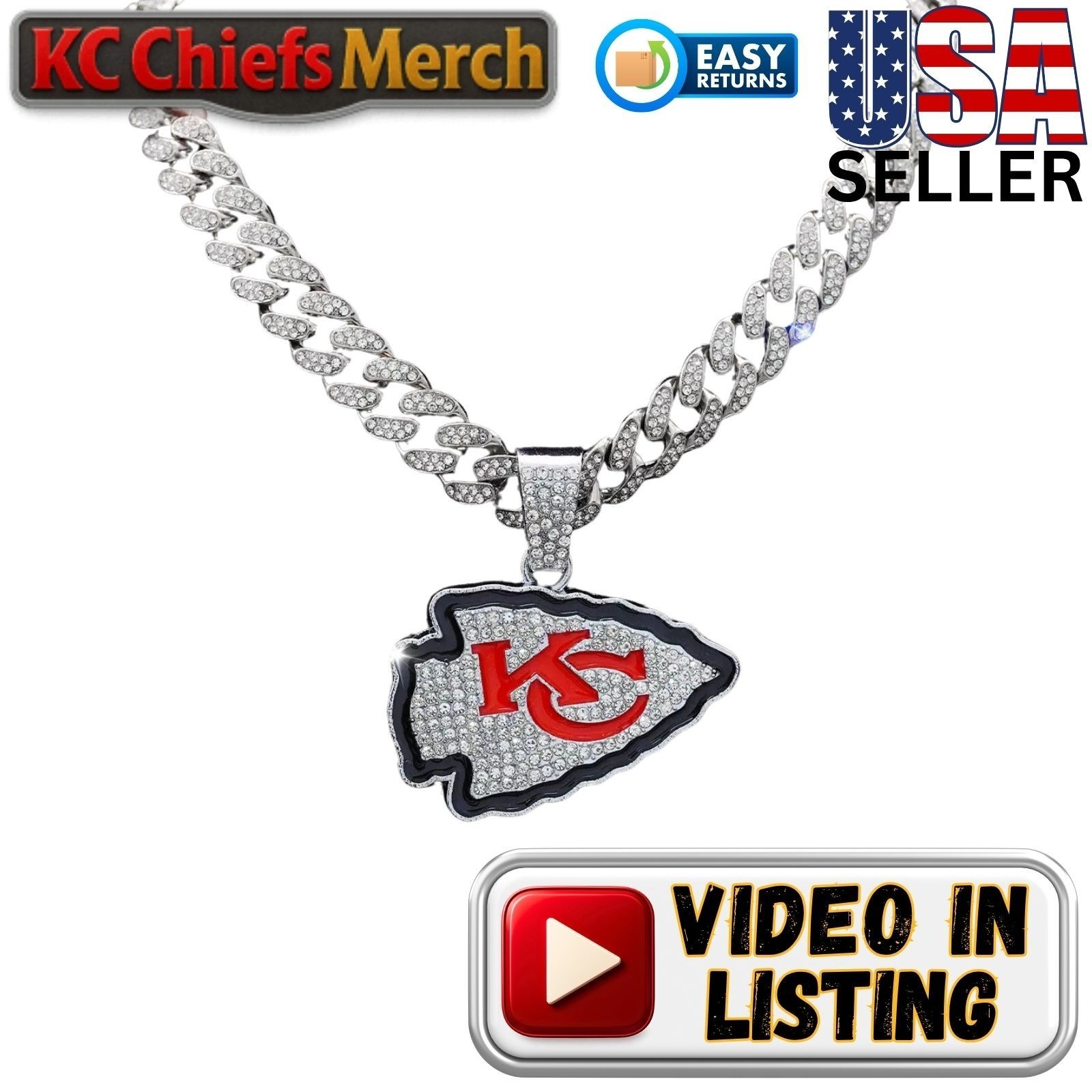 KC CHIEFS SILVER GEM BLING NECKLACE SPARKLING PENDANT + 20 ICED LINK CHAIN